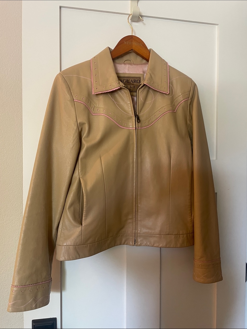 Women's Beige Western Leather Zip Jacket with Pink Trim